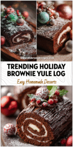 Decorated brownie yule log dusted with powdered sugar surrounded by holiday ornaments.